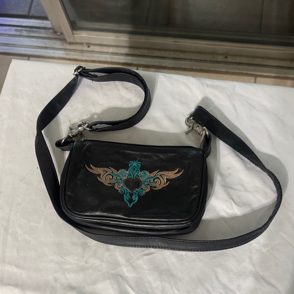 Black Leather Crossbody Bag with Embroidered Design